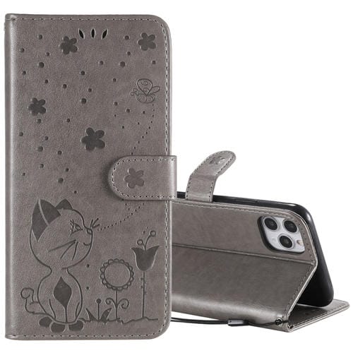 Funda de Cuero iPhone 11 Pro Max Cat Bee Patrón En Relieve Tapa Horizontal Soporte Ranuras Billetera (Gris)