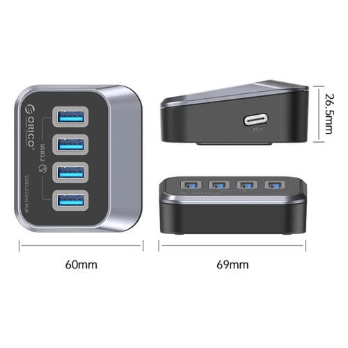 Concentrador de Acoplamiento Orico M3U3-4A 4 en 1 Tipo-C a USB 3.2 (Negro)