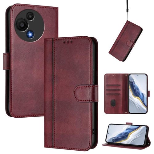 Funda de cuero retro con hebilla para TCL 605/60 SE (rojo vino)