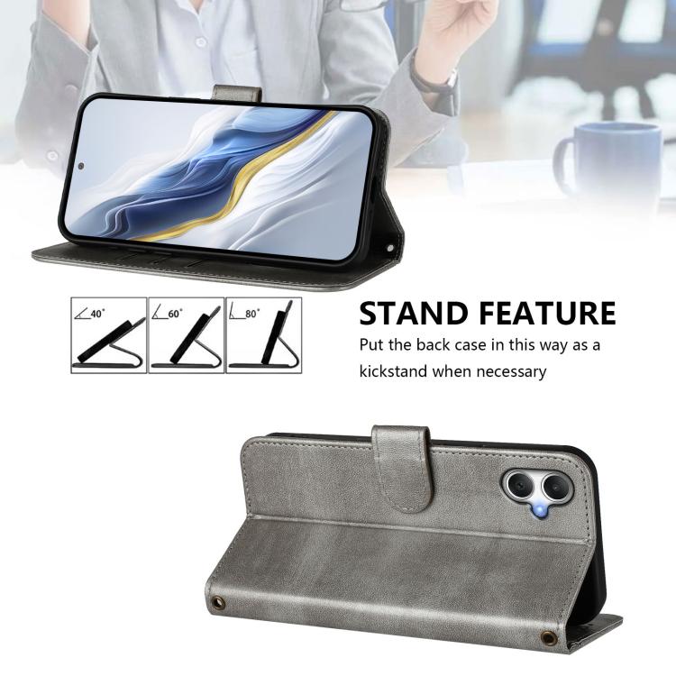 Funda de cuero retro con hebilla y empalme de líneas para Samsung Galaxy A07 4G (gris)