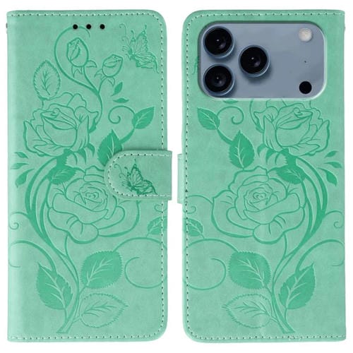 Funda de piel con estampado de mariposa rosa para iPhone 17 Pro (verde)