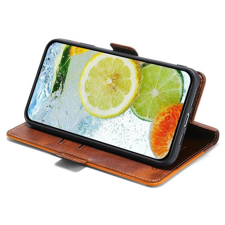 Funda de cuero con hebilla lateral en color de contraste para Redmi Note 14S 4G (marrón oscuro y dorado)