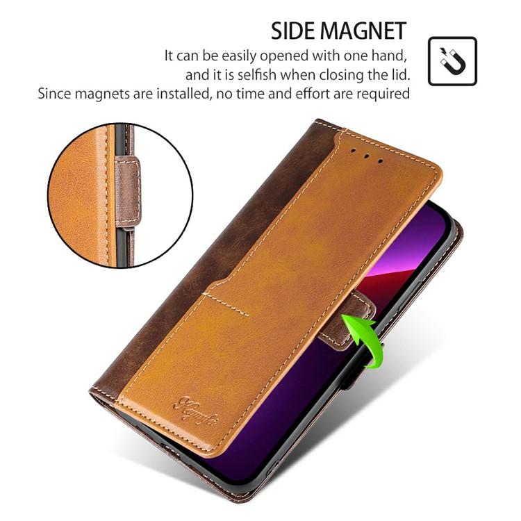 Funda de cuero con hebilla lateral en color de contraste para Redmi Note 14S 4G (marrón oscuro y dorado)