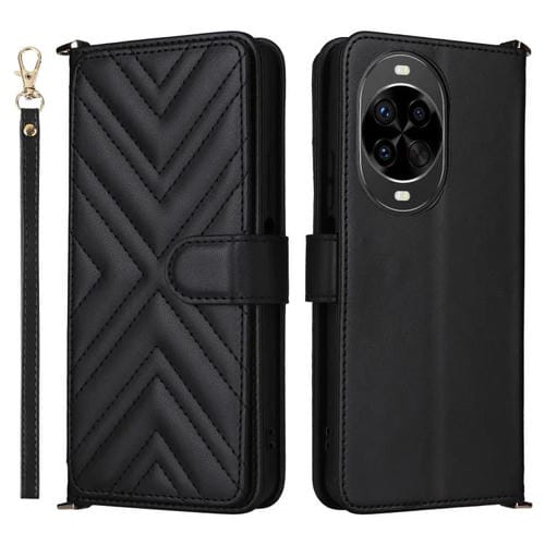 Funda de cuero multifuncional para Huawei Nova 14 Pro 5G con 6 ranuras para tarjetas y correa para la muñeca (negra)