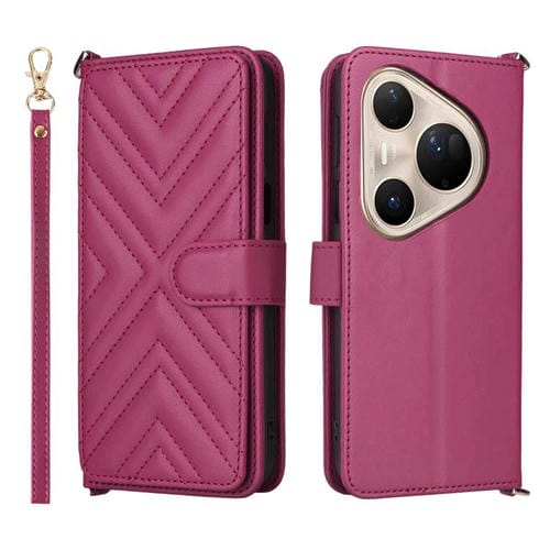 Funda de cuero multifuncional para Huawei Pura 80 Ultra 5G con 6 ranuras para tarjetas y correa para la muñeca (rosa)