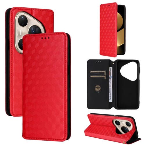 Funda de cuero con tapa y textura de cuadrícula cúbica para Huawei Pura 80 Ultra 5G (roja)