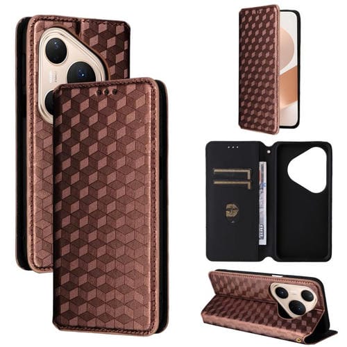 Funda de cuero con tapa y textura de cuadrícula cúbica para Huawei Pura 80 Pro 5G / 80 Pro+ 5G (marrón)