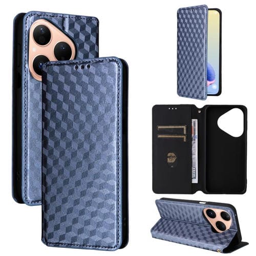 Funda de cuero con tapa y textura de cuadrícula cúbica para Huawei Pura 80 5G (azul)