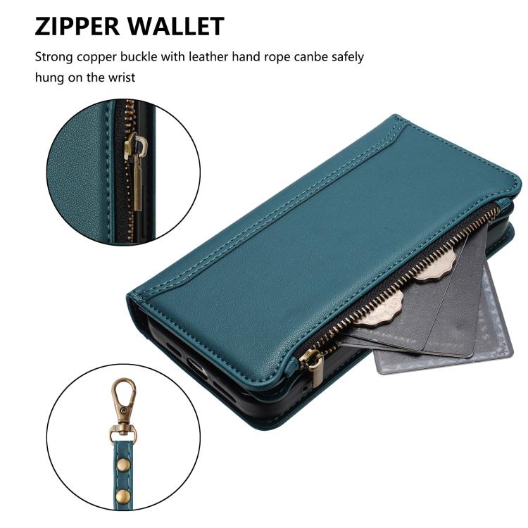 Funda de cuero con cierre magnético para Infinix Smart 10 4G / Tecno Pop 10, 9 ranuras para tarjetas, cremallera y correa de mano (verde oscuro)