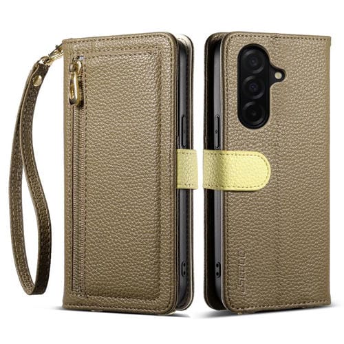 Funda de cuero con cremallera y diseño de lichi colorido para Samsung Galaxy S25 FE 5G ESEBLE E11 (marrón ámbar)