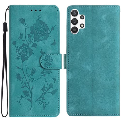 Funda de piel con estampado floral en relieve para Samsung Galaxy A32 5G (verde)