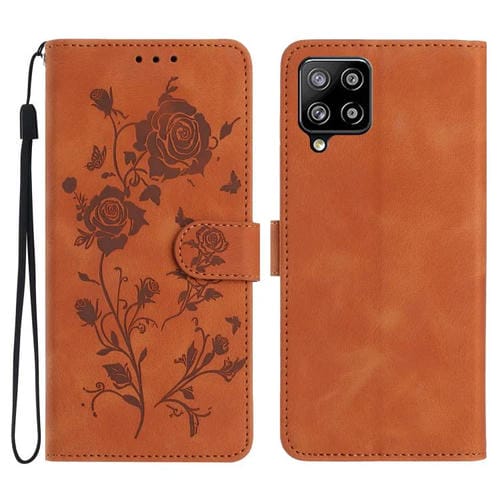 Funda de cuero con estampado de rosas en relieve para Samsung Galaxy A42 5G (marrón)