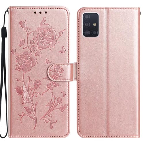 Funda de piel con estampado floral en relieve para Samsung Galaxy A51 (oro rosa)