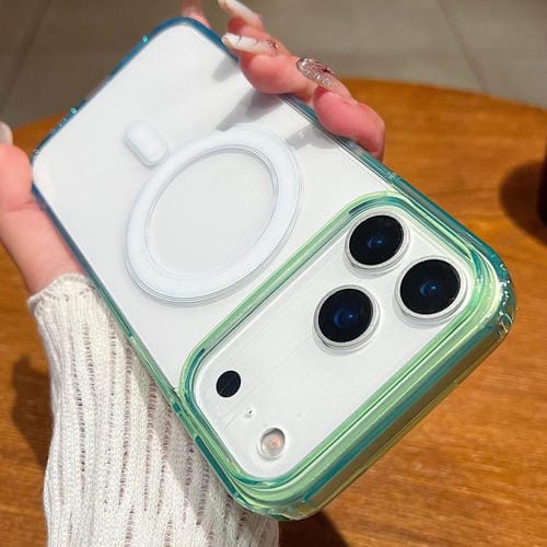 Funda MagSafe transparente con degradado de color en contraste para iPhone 17 Pro Max (verde y azul)