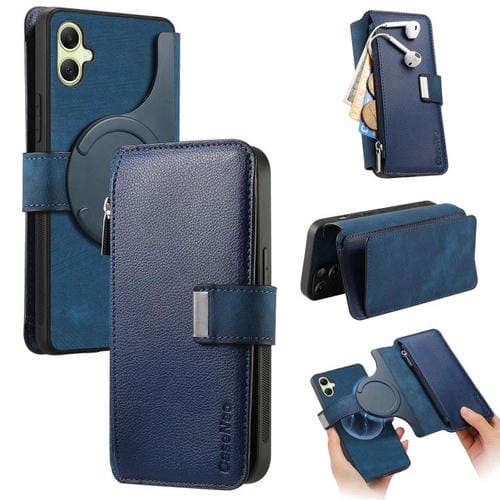 Funda Neo MagSafe RFID antirrobo con cremallera para Samsung Galaxy A06, de cuero estilo retro (azul)