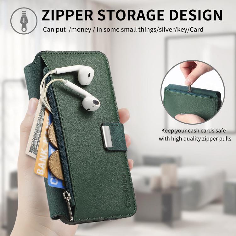 Funda Neo MagSafe RFID antirrobo con cremallera para Samsung Galaxy A06, de cuero estilo retro (verde)