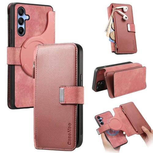 Funda Neo MagSafe RFID antirrobo con cremallera para Samsung Galaxy A16, funda de cuero estilo retro (rosa)