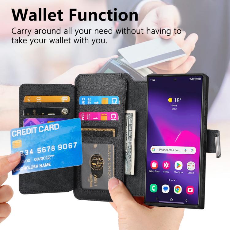 Funda Neo MagSafe RFID antirrobo con cremallera para Samsung Galaxy S24 Ultra 5G, de cuero estilo retro (negra)