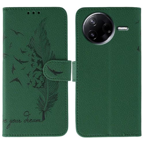 Funda de cuero con textura de lichi y estampado de plumas para Xiaomi Poco F7 Pro / Redmi K80 (verde)