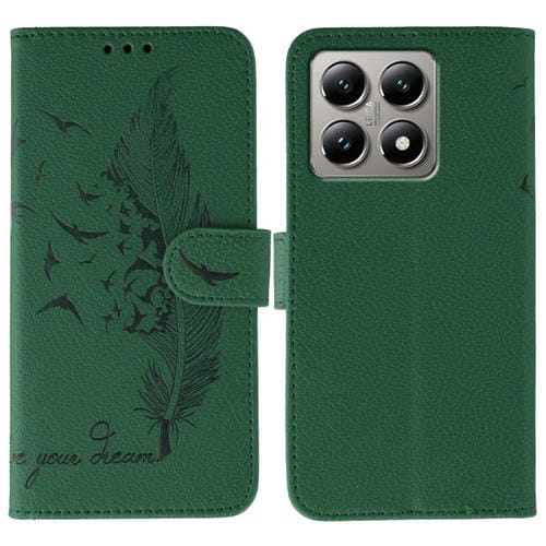 Funda de cuero con textura de lichi y estampado de plumas para Xiaomi 14T Pro (verde)