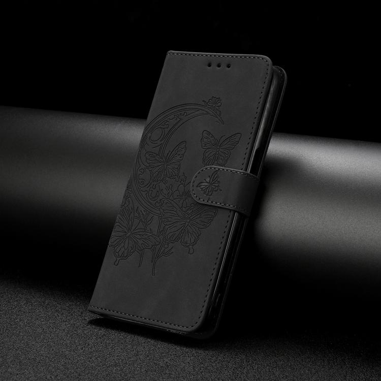 Funda de cuero con relieve y diseño de mariposas para Samsung Galaxy A17 5G (negra)