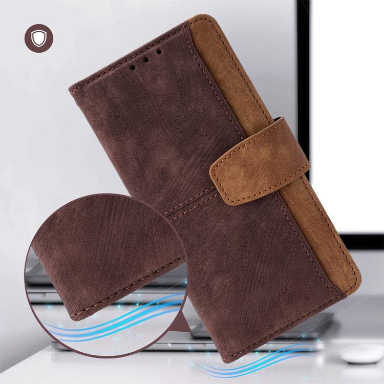 Funda de cuero con costuras de color y bloqueo RFID para Samsung Galaxy F06 5G (marrón)