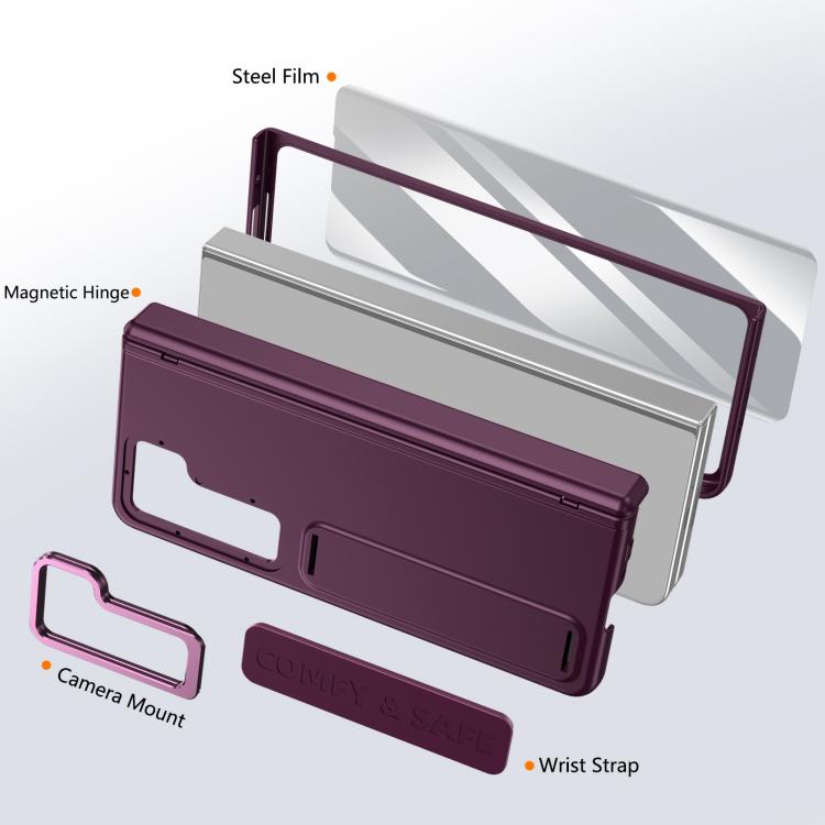 Funda para teléfono con soporte para lente integrada y correa para Samsung Galaxy Z Fold5 (rojo vino)