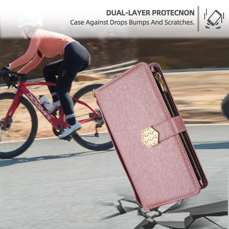 Funda de cuero con textura cruzada y asa cruzada para Samsung Galaxy Xcover 7 Pro 5G (oro rosa)