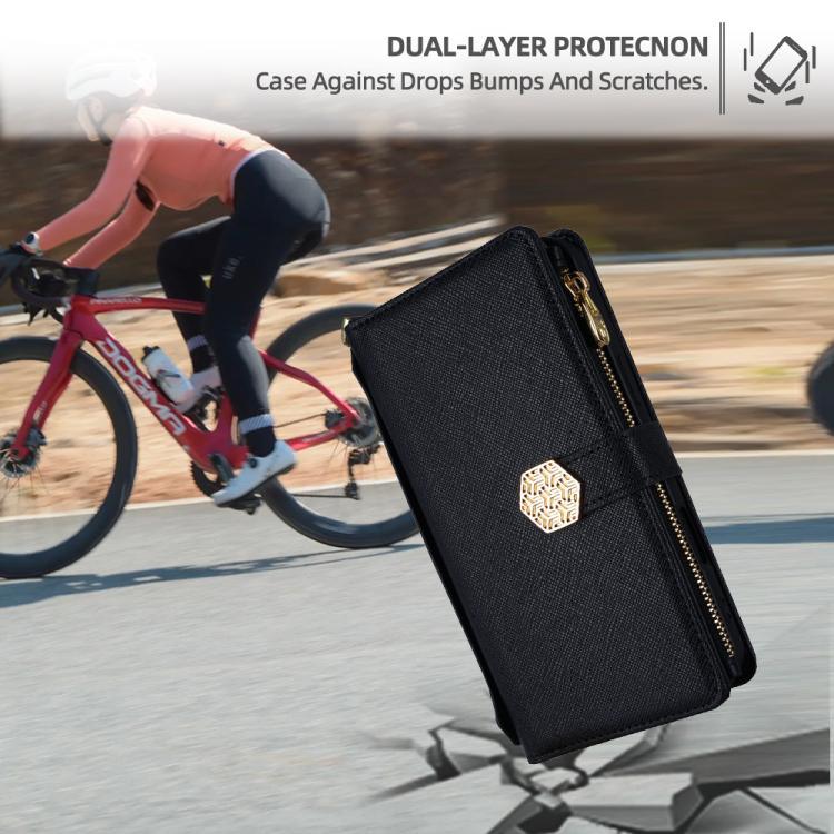 Funda de cuero con textura cruzada y asa cruzada para Samsung Galaxy S25+ 5G (negra)