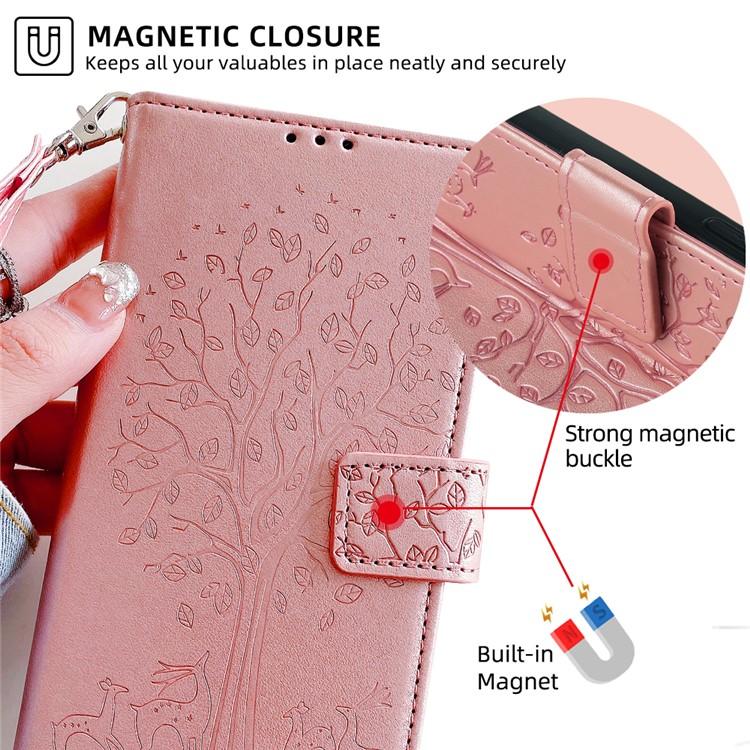 Funda de piel con relieve de árbol y ciervo para Samsung Galaxy S25 5G (oro rosa)