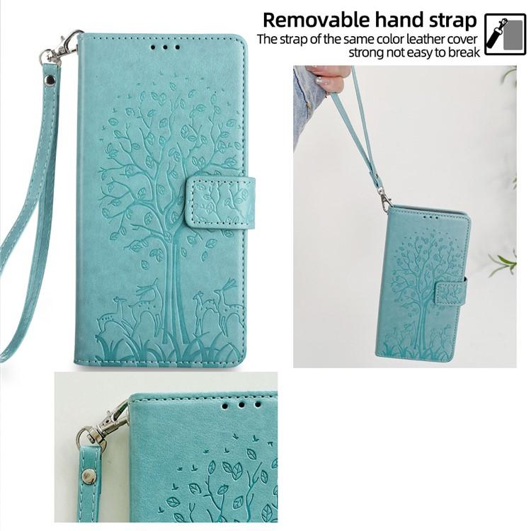 Funda de piel con relieve de árbol y ciervo para Samsung Galaxy S25+ 5G (verde)