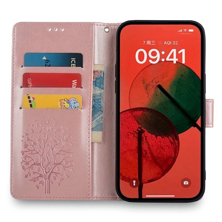 Funda de piel con relieve de árbol y ciervo para Samsung Galaxy S25 Ultra 5G (oro rosa)