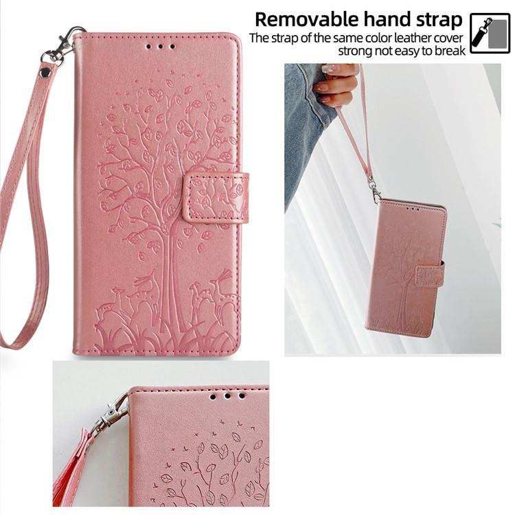Funda de piel con relieve de árbol y ciervo para Samsung Galaxy S25 Ultra 5G (oro rosa)