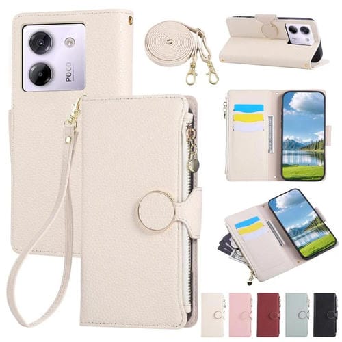 Funda de cuero con hebilla redonda y cremallera para Xiaomi Poco M7 Pro 5G, con correa cruzada (blanca)