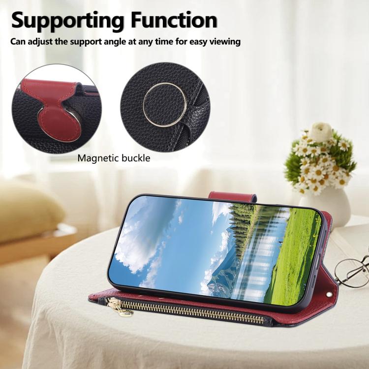 Funda de cuero tipo billetera con hebilla redonda y cremallera para Xiaomi 13T/13T Pro, con correa cruzada (negra)