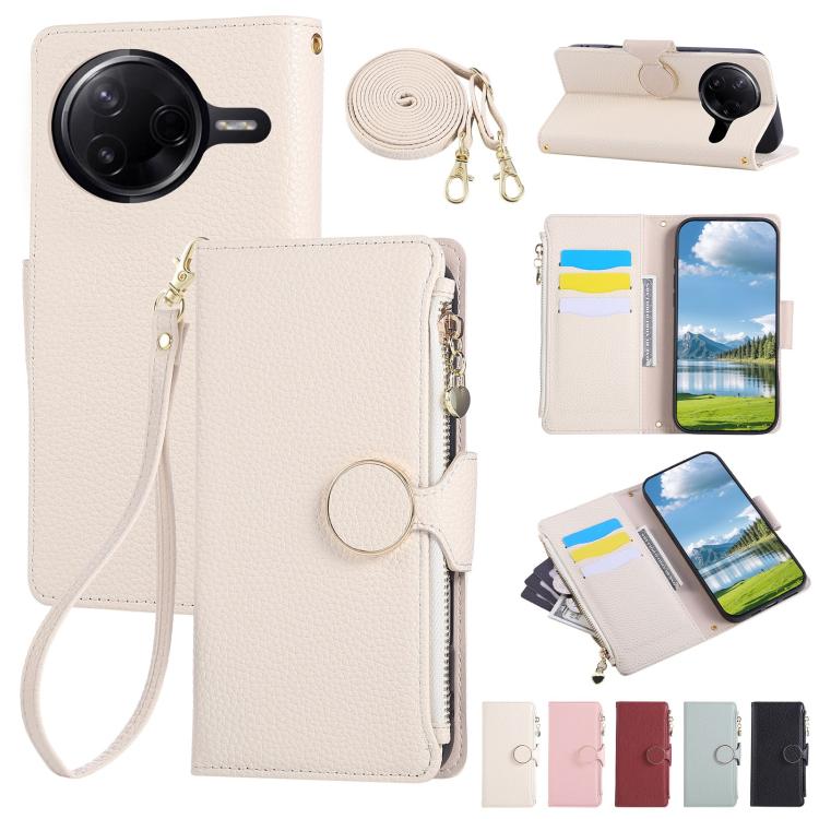 Funda de cuero con hebilla redonda y cremallera para Redmi K80 Pro / Poco F7 Ultra, con correa cruzada (blanca)