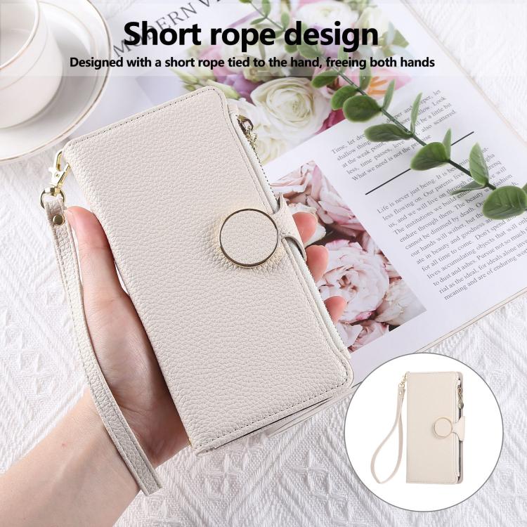 Funda de cuero con hebilla redonda y cremallera para Redmi K80/Poco F7 Pro, con correa cruzada (blanca)