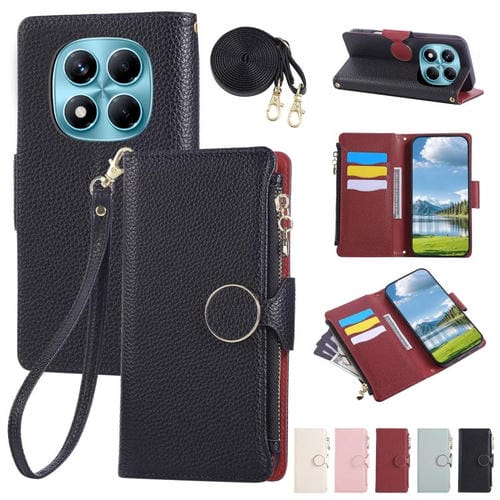 Funda de cuero con hebilla redonda y cremallera para Redmi Note 14 Pro 4G, con correa cruzada (negro)