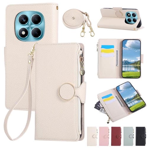 Funda de cuero con hebilla redonda y cremallera para Redmi Note 14 Pro 4G, con correa cruzada (blanca)