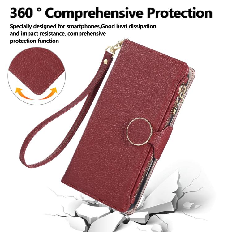 Funda de cuero tipo billetera con cremallera y hebilla redonda de 163,3 mm para Redmi Note 14 4G con correa cruzada (roja)