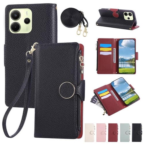 Funda de cuero tipo billetera con hebilla redonda y cremallera de 164,8 mm para Redmi Note 14 4G con correa cruzada (negro)