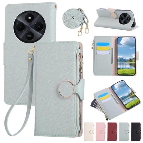 Funda de cuero con hebilla redonda y cremallera para Redmi 14C 5G, con correa cruzada (azul cielo)