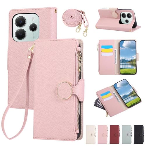Funda de cuero con hebilla redonda y cremallera para Redmi Note 14 5G, con correa cruzada (rosa)