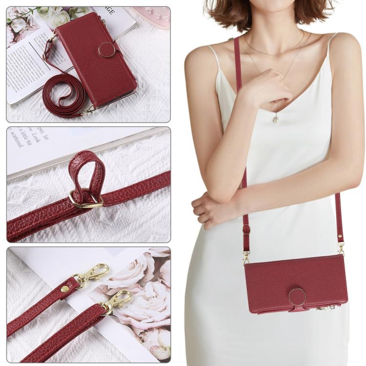 Funda de cuero con hebilla redonda y cremallera para Redmi Note 14 5G, con correa cruzada (roja)