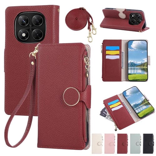 Funda de cuero con hebilla redonda y cremallera para Redmi Note 14 Pro 5G, con correa cruzada (roja)