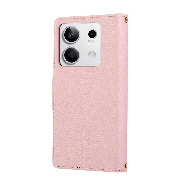 Funda de cuero tipo billetera con hebilla redonda y cremallera para Redmi Note 13 4G con correa cruzada (rosa)