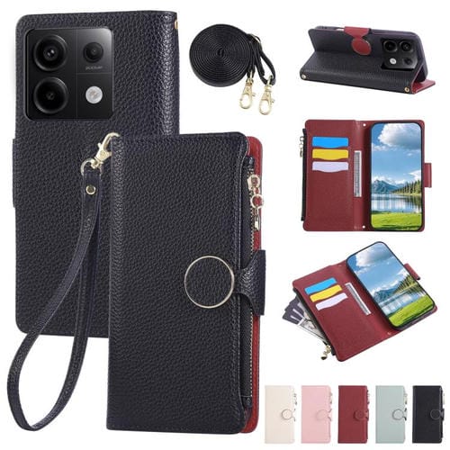 Funda de cuero con hebilla redonda y cremallera para Redmi Note 13 Pro 4G, con correa cruzada (negro)