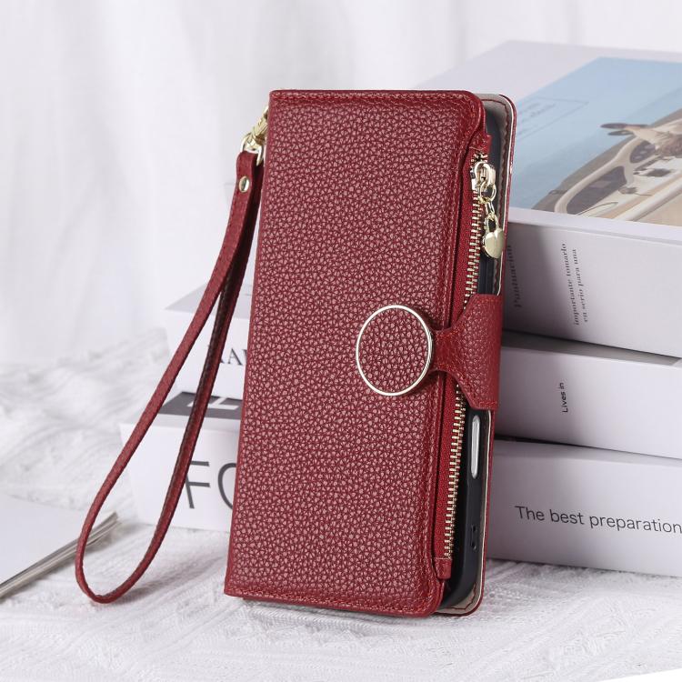 Funda de cuero tipo billetera con hebilla redonda y cremallera para Samsung Galaxy S25+ / S24+ 5G, con correa cruzada (roja)