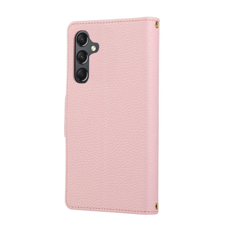 Funda de cuero tipo billetera con hebilla redonda y cremallera para Samsung Galaxy S24 FE 5G con correa cruzada (rosa)