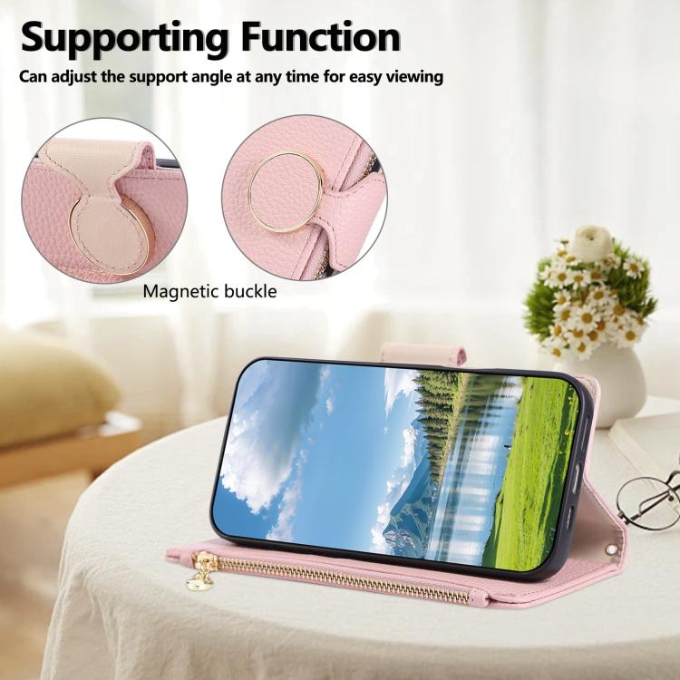 Funda de cuero tipo billetera con hebilla redonda y cremallera para Samsung Galaxy S24 FE 5G con correa cruzada (rosa)